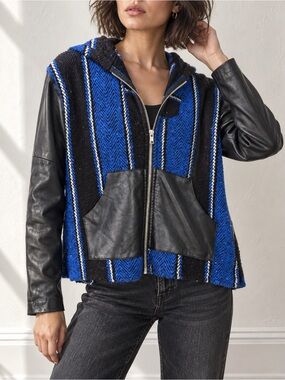 Reformation Spring & Clifton Baja Hoodie Jacket Leather Sleeves Blue Black XS